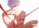  abs arm_on_knee arm_support bangs blue_eyes closed_mouth collarbone erection feet_out_of_frame grey_hair hunter_x_hunter kariki_hajime killua_zoldyck looking_at_viewer male_focus male_pubic_hair navel nude penis penis_ribbon pubic_hair red_ribbon restrained ribbon simple_background solo spiked_hair squatting sunlight toned toned_male white_background 