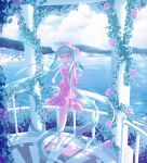  1girl absurdres aqua_hair bug butterfly closed_eyes dress eyebrows_visible_through_hair hair_between_eyes hat hatsune_miku high_heels highres leaning_on_rail long_hair ocean outdoors sakakidani smile solo twintails very_long_hair vocaloid 