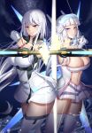  2girls absurdres alternate_costume arrow_(projectile) azur_lane bow_(weapon) breasts chinese_commentary cleavage commentary_request cowboy_shot drawing_bow enterprise_(azur_lane) grey_hair headset highres holding holding_bow_(weapon) holding_weapon illustrious_(azur_lane) long_hair looking_at_viewer multiple_girls star_(sky) thighhighs weapon xiaoli_(1507) 