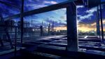  blue_sky blue_theme building city cityscape cloud commentary_request highres ladder no_humans original rooftop scenery sky skyscraper smile_(qd4nsvik) sunset 
