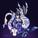  1girl bangs black_hair blue_eyes boots breasts detached_sleeves eyebrows_visible_through_hair headphones highres horns kuromiya large_breasts medium_hair miraidon multicolored_eyes open_mouth personification pokemon purple_background slit_pupils tail thigh_boots 