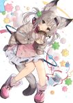  1girl :3 animal_ears blue_eyes box cardigan cat_ears cat_tail dress frilled_dress frills full_body goma_(u_p) grey_hair hairband holding holding_jar jar mouse open_cardigan open_clothes original smile tail 