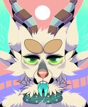  abstract_background anthro blue_inner_ear blue_inner_ear_fluff blue_tongue cheek_tuft chest_tuft collar facial_tuft forked_tongue front_view fur glistening glistening_eyes green_eyes head_tuft headshot_portrait horn inner_ear_fluff looking_at_viewer male neck_tuft portrait princelykaden red_nose shoulder_tuft solo teeth tongue tongue_out tuft white_body white_ears white_fur yellow_sclera 