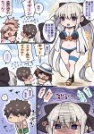  1boy 3girls bangs black_bow blue_eyes bow braid breasts charlotte_corday_(fate) charlotte_corday_(swimsuit_caster)_(fate) chibi fate/grand_order fate_(series) french_braid fujimaru_ritsuka_(male) fujimaru_ritsuka_(male)_(brilliant_summer) grey_hair hair_bow highres large_breasts long_hair miyamoto_musashi_(fate) miyamoto_musashi_(swimsuit_berserker)_(fate) morgan_le_fay_(fate) multiple_girls pononozo ponytail short_hair sidelocks speech_bubble thighs translation_request very_long_hair 