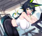  1girl amagami_shinia animal_ear_fluff animal_ears bangs bare_shoulders bent_over black_hair black_pants blurry blurry_background blurry_foreground blush breasts commission depth_of_field eyebrows_visible_through_hair fox_ears fox_girl fox_tail green_eyes green_hair gym hair_between_eyes hanging_breasts highres huge_breasts ichi-jirushi indie_virtual_youtuber indoors long_hair looking_at_viewer midriff multicolored_hair navel open_mouth pants shirt skeb_commission solo sports_bra sweat tail tank_top two-tone_hair very_long_hair virtual_youtuber 