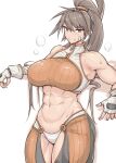  1girl abs bandaid bandaid_on_cheek bandaid_on_face bare_shoulders breasts brown_eyes brown_hair dungeon_and_fighter eyebrows_visible_through_hair fighter_(dungeon_and_fighter) fingerless_gloves gloves hair_between_eyes highres large_breasts long_hair looking_at_viewer navel nia_i ponytail simple_background solo striker_(dungeon_and_fighter) sweat thick_thighs thighs white_background white_gloves 
