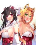  2girls :d animal_ears arm_up armpits bangs black_hair blonde_hair blush breasts cleavage commentary_request cow_ears cow_girl cow_horns detached_sleeves green_eyes hair_ornament highres horns japanese_clothes large_breasts long_hair long_sleeves looking_at_viewer miko multiple_girls open_mouth original red_eyes ringo_sui sideboob smile tail tiger_ears tiger_girl tiger_tail upper_body 