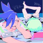  2boys androgynous blue_hair book cover cover_page crossed_arms galo_thymos green_hair highres lio_fotia lying male_focus mohawk multiple_boys on_stomach open_mouth promare short_hair sidecut sleeping wazuka_(wzzc) 