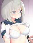  1girl blue_eyes blush bra breasts cleavage closed_mouth commentary_request eyebrows_visible_through_hair eyes_visible_through_hair gloves hair_ornament hair_over_one_eye hairclip hamakaze_(kancolle) highres kantai_collection large_breasts lifted_by_self school_uniform short_hair short_sleeves solo_focus stethoscope sweatdrop underwear upper_body watanon_(gakushokutei) white_bra white_gloves white_hair 