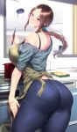  1girl apron ass bangs bare_shoulders blue_pants blush breasts brown_hair denim grey_shirt jeans kitchen large_breasts long_hair long_sleeves looking_at_viewer looking_back off_shoulder original pants parted_bangs ponytail shirt smile solo zucchini 