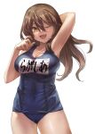  1girl ashigara_(kancolle) bare_arms bare_legs bare_shoulders black_swimsuit breasts brown_eyes brown_hair cleavage collarbone cowboy_shot fang hair_between_eyes kantai_collection large_breasts long_hair name_tag one-piece_swimsuit one_eye_closed open_mouth school_swimsuit simple_background smile solo swimsuit toka_(marchlizard) white_background 