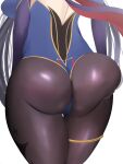 1girl ass ass_focus blue_leotard breasts from_behind genshin_impact highres large_breasts leotard lower_body mona_(genshin_impact) purple_legwear sana!rpg simple_background solo thighlet thighs white_background 