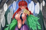  1girl :d bangs bare_shoulders black_swimsuit blue_sky blush breasts cave claws cleavage commentary_request cowboy_shot day duel_monster eyebrows_visible_through_hair feathered_wings feathers green_eyes green_feathers green_wings hair_between_eyes hand_up harpie_lady harpy highres indoors large_breasts licking licking_finger long_hair looking_at_viewer monster_girl navel open_mouth paid_reward_available pantyhose pointy_ears purple_legwear red_hair revealing_clothes sidelocks sky slingshot_swimsuit smile solo speech_bubble standing stomach swimsuit toned translation_request type-dog winged_arms wings yu-gi-oh! 