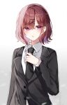  1girl :o black_jacket black_necktie black_suit blush crossdressing formal highres higuchi_madoka holding_necktie idolmaster idolmaster_shiny_colors jacket looking_at_viewer mole mole_under_eye necktie red_eyes red_hair sb_(akagikeai) shirt short_hair simple_background solo suit upper_body white_background white_shirt 