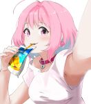  1girl ahoge armpits bangs blue_hair blush breasts capri_sun collar commentary_request commission commissioner_upload drinking drinking_straw earrings highres holding idolmaster idolmaster_cinderella_girls jewelry looking_at_viewer multicolored_hair nail_polish pill_earrings pink_eyes pink_hair pink_nails purple_collar selfie shirt short_sleeves solo t-shirt tama_(tamago) teeth two-tone_hair upper_body white_shirt yumemi_riamu 