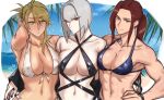  3girls bangs beach bikini blonde_hair blue_eyes blunt_bangs blunt_ends breasts brown_hair collarbone commentary_request drill_(emilio) eyebrows_visible_through_hair flying_sweatdrops green_eyes grey_hair hair_between_eyes highres looking_at_viewer multiple_girls muscular muscular_female navel ocean original outdoors ponytail red_eyes sand scar scar_on_arm scar_on_face scar_on_neck scar_on_stomach swimsuit 