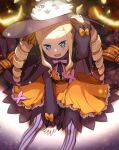  1girl absurdres beatrice_(re:zero) blonde_hair blue_eyes cape dress drill_hair halloween halloween_costume hat highres long_hair long_sleeves looking_at_viewer open_mouth re:zero_kara_hajimeru_isekai_seikatsu sidelocks sitting solo symbol-shaped_pupils twintails witch witch_hat yomo_(rb_crr) 