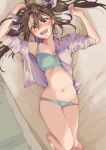  1girl bed bra breasts brown_hair cowboy_shot from_behind green_bra green_panties hair_between_eyes hair_ribbon highres kantai_collection long_hair looking_at_viewer open_clothes open_mouth panties panty_pull purple_shirt ribbon shirt small_breasts smile solo teeth tone_(kancolle) twintails underwear upper_teeth yami_(m31) 
