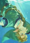  1boy air_bubble belt blonde_hair blue_eyes bubble commentary diving earrings expressionless green_headwear green_shirt hat highres jewelry light_rays link looking_ahead male_focus pisu_1107 pointy_ears shirt short_hair solo submerged the_legend_of_zelda underwater upper_body upside-down 
