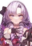  1girl bangs blurry blurry_foreground blush brown_gloves brown_hairband brown_ribbon chest_tattoo dress drill_hair gloves hair_ornament hair_ribbon hairband hand_on_own_chest highres hyakumantenbara_salome long_hair long_sleeves nijisanji off_shoulder outstretched_arm parted_lips purple_eyes purple_hair reaching_out red_dress ribbon ryota_(ry_o_ta) smile solo tattoo virtual_youtuber 