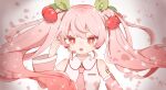  1girl 39 bangs blush cherry cherry_blossoms cherry_hair_ornament eyebrows_visible_through_hair food food-themed_hair_ornament fruit hair_ornament hatsune_miku highres long_hair looking_at_viewer pink_eyes pink_hair sakura_miku simple_background solo vocaloid watamoofu 