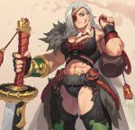  1girl absurdres bracer breasts dao eyepatch fur_trim garter_straps gloves gourd highres holding holding_weapon jewelry large_breasts long_hair muscular muscular_female necklace orange_eyes original scar scar_on_cheek scar_on_face sword thick_thighs thighs weapon white_hair y_frt 