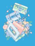  blue_background cassette_player cassette_tape commentary_request earphones highres hiro046k no_humans original plant simple_background tape vines 