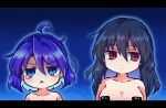  2girls ahoge bangs blue_background blue_eyes blue_hair closed_mouth collarbone eyebrows_visible_through_hair hair_between_eyes iizunamaru_megumu letterboxed long_hair looking_at_viewer looking_to_the_side multiple_girls no_hat no_headwear nude outer_glow parted_lips pasties pote_(ptkan) red_eyes simple_background tearing_up tenkyuu_chimata touhou triangle_mouth 