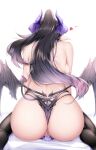  1921494015 1girl absurdres ass backboob black_hair black_legwear black_panties breasts chinese_commentary commentary_request demon_girl demon_horns demon_tail demon_wings from_behind heart highres horns large_breasts long_hair original panties pointy_ears ponytail pussy pussy_juice simple_background solo tail underwear white_background wings 