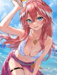  1girl beach bikini blue_eyes blush breasts cleavage eyewear_on_head guchico hair_between_eyes head_wings highres hololive jewelry large_breasts leaning_forward long_hair midriff navel necklace pink_hair smile swimsuit takane_lui thigh_strap virtual_youtuber water wet 