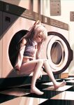  1girl absurdres bangs blue_eyes blush grey_hair hair_ornament highres laundromat lobsteranian long_hair midriff navel no_shoes original sitting solo 