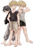  3boys arm_at_side bandaged_leg bandages bandaid bandaid_on_arm bandaid_on_face bandaid_on_forehead bandaid_on_knee bandaid_on_leg bandaid_on_shoulder barefoot black_hair black_shirt black_shorts black_tank_top blonde_hair bruise bruise_on_face crossed_arms dirty dirty_clothes dirty_face feitan full_body green_eyes grey_eyes grey_pants grey_shorts grey_tank_top hand_on_hip hand_up highres hunter_x_hunter injury long_sleeves looking_at_viewer male_focus multiple_boys necomu pants phinx profile scratching_head shalnark shirt shorts sleeveless standing tank_top white_background younger 