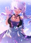  1girl :d braid breasts cleavage commentary dirndl dress eyebrows_visible_through_hair german_clothes highres ikkokudou large_breasts long_hair looking_at_viewer open_mouth purple_eyes purple_hair smile solo twintails vocaloid voiceroid waving yuzuki_yukari 