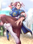  1girl architecture blue_dress blurry blurry_background boots bracelet breasts brown_eyes brown_hair brown_legwear bun_cover china_dress chinese_clothes chun-li cross-laced_footwear double_bun dress earrings east_asian_architecture fighting_stance hair_bun hair_pulled_back highres jewelry medium_breasts numeko pantyhose pelvic_curtain puffy_short_sleeves puffy_sleeves road sash short_sleeves side_slit spiked_bracelet spikes standing standing_on_one_leg street street_fighter street_fighter_ii_(series) white_footwear 