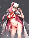  1girl between_breasts bikini breasts coat contrapposto darling_in_the_franxx detached_collar embers green_eyes grey_background hand_on_headwear hand_on_own_thigh hat highres large_breasts long_hair looking_at_viewer military_hat military_jacket navel necktie necktie_between_breasts parted_lips peaked_cap pink_hair red_bikini red_necktie solo stomach suishougensou swimsuit teeth thighs tongue tongue_out very_long_hair zero_two_(darling_in_the_franxx) 