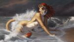  2022 anthro areola ariesredlo beach breasts day deith_cared detailed_background digital_media_(artwork) felid female hair hi_res lion mammal nipples nude outside pantherine partially_submerged red_hair sand sea seaside shoreline solo water 