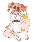  1girl alcohol bare_arms bare_shoulders barefoot beer beer_mug blush bow bracelet breasts cup dress drill_hair drunk earrings eyewear_on_head full_body holding holding_cup jewelry looking_at_viewer mizusoba mug necklace no_hat no_headwear no_jacket nose_blush orange_eyes ribbon sitting sleeveless sleeveless_dress solo spread_legs sunglasses toes tongue tongue_out touhou twin_drills twintails white_dress yorigami_jo&#039;on 