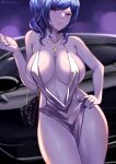  1girl absurdres azur_lane bag bangs blue_hair blue_nails bracelet breasts car cleavage closed_mouth collarbone cowboy_shot dress evening_gown gold_necklace ground_vehicle hand_on_hip handbag highres jewelry large_breasts lips looking_at_viewer motor_vehicle navel official_alternate_costume pelvic_curtain plunging_neckline queasy_s red_eyes revealing_clothes side_ponytail sidelocks silver_dress solo st._louis_(azur_lane) st._louis_(luxurious_wheels)_(azur_lane) swept_bangs thighs wavy_hair 