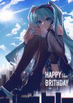  1girl aircraft airplane bird blue_hair cloud detached_sleeves giant giantess hair_between_eyes happy_birthday hatsune_miku headphones high_heels highres long_hair looking_at_viewer miss_leaves outdoors shiki_eiki shoulder_tattoo smile solo sun tattoo thighhighs twintails very_long_hair vocaloid 