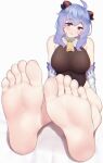  1girl ahoge bare_legs bare_shoulders barefoot blush breasts chromatic_aberration eyebrows_visible_through_hair feet foot_focus foreshortening ganyu_(genshin_impact) genshin_impact highres large_breasts light_smile long_hair looking_at_viewer perspective purple_eyes soles solo toes wd_(1106592840) white_legwear 