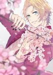  1boy bangs black_nails blonde_hair blue_eyes blurry branch cherry_blossoms depth_of_field earrings falling_petals flower grin highres holding holding_branch holding_flower instrument jacket jewelry kurusu_shou looking_at_viewer male_focus music official_alternate_costume parted_bangs petals pink_jacket pink_vest playing_instrument shirt short_hair smile solo stud_earrings suit_jacket upper_body uta_no_prince-sama vest vibrahat violin white_shirt 