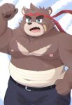  2022 absurd_res anthro band-aid bandage belly big_belly black_nose bottomwear brown_body clothing cute_fangs hi_res kemono male mammal moobs nipples overweight overweight_male pants solo ursid zuboboz 
