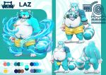  2022 absurd_res ailurid anthro balls bbard264 belly big_belly blue_body bottomwear censored clothing diving_mask english_text genitals hi_res kemono laz_(lazxuszz) magic male mammal mask model_sheet moobs navel nipples overweight overweight_male penis pubes red_panda shorts solo swimwear text water white_body 