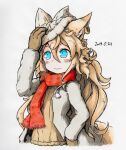  1girl animal_ear_fluff animal_ears bangs blue_eyes blush brown_gloves brown_sweater closed_mouth coat dated earrings fox_ears fox_girl fox_tail gloves grey_coat grey_headwear hair_between_eyes hand_up hat jewelry kazekiri light_brown_hair long_hair open_clothes open_coat original red_scarf scarf simple_background single_earring smile solo sweater tail traditional_media upper_body very_long_hair white_background 