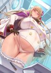  1girl absurdres bangs big_belly black_gloves blonde_hair blush breasts cor369 curvy dress dutch_angle gloves grey_eyes hand_on_hip highres huge_breasts inverted_nipples jacket jacket_on_shoulders last_origin leona_of_blood_&amp;_iron looking_at_viewer looking_down military military_uniform navel outie_navel panties pregnant see-through see-through_dress short_dress smile solo thighhighs underwear uniform white_dress white_legwear wide_hips 