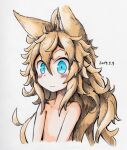  1girl ahoge animal_ear_fluff animal_ears bangs blue_eyes blush closed_mouth collarbone dated flat_chest fox_ears fox_girl hair_between_eyes kazekiri light_brown_hair long_hair looking_at_viewer original portrait simple_background smile solo topless traditional_media very_long_hair white_background 