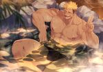  1boy abs bara black_male_underwear blonde_hair briefs bulge commission destroycode gyee highres large_pectorals male_focus male_underwear muscular muscular_male navel nipples one_eye_closed onsen open_mouth partially_submerged pectorals romg sauna scar scar_across_eye scar_on_cheek scar_on_face short_hair sitting smile solo stomach_tattoo tattoo thighs undercut underwear wet 