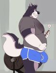  alaskan_malamute anthro belly big_bulge big_tail bodily_fluids bulge canid canine canis clothing domestic_dog exercise hi_res looking_at_object looking_at_phone male mammal musclegut muscular neck_tuft nordic_sled_dog profile smile solo spitz sweat tuft underwear workout 