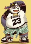  absurd_res alp_(tas) anthro aotadobukitch backwards_baseball_cap backwards_hat baseball_cap belly blush bottomwear braided_hair braided_ponytail clothing giant_panda hair hat headgear headwear hi_res jersey lifewonders looking_at_viewer male mammal overweight overweight_male shorts simple_background solo tokyo_afterschool_summoners ursid video_games yellow_background yellow_sclera 