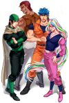  4boys anzumame belt black_bodysuit black_hair blue_eyes blue_hair blue_shirt bodysuit brown_shirt cloak coco_(toriko) full_body green_hair highres jumpsuit long_hair looking_at_viewer male_focus multicolored_hair multiple_boys muscular muscular_male open_mouth orange_jumpsuit pants pectoral_cleavage pectorals petals pink_hair pink_pants scar scar_on_cheek scar_on_ear scar_on_face scar_on_mouth shirt short_hair sleeveless_jumpsuit smile sunny_(toriko) toriko toriko_(series) turban white_background white_hair zebra_(toriko) 